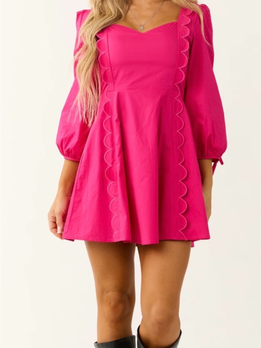 Hot Pink Scallop-Trim Mini Dress